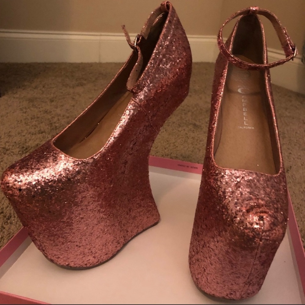 Jeffrey Campbell Streetcred pink glitter wedge platform, like new, 8.5, w/ box